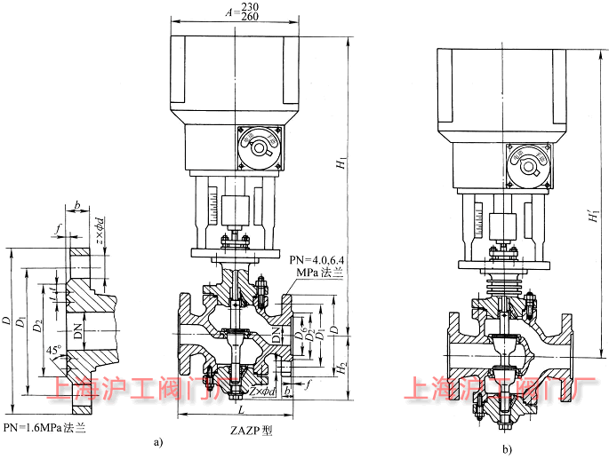 ZAZP、ZAZN 型電動(dòng)直通單座調(diào)節(jié)閥主要外形及結(jié)構(gòu)尺寸示意圖